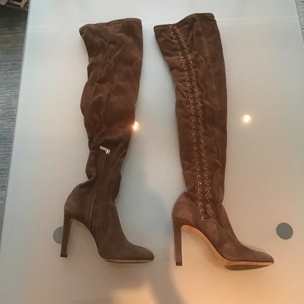 Jimmy Choo Marie 100 Brown Suede Leather Lace Up Over The Knee‎ OTK Boots 37.5 7